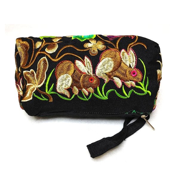 Embroidery Rabbits Floral Fabric Wristlet Pouch Black Brown Red 3-Layer Zippers - Picture 1 of 13